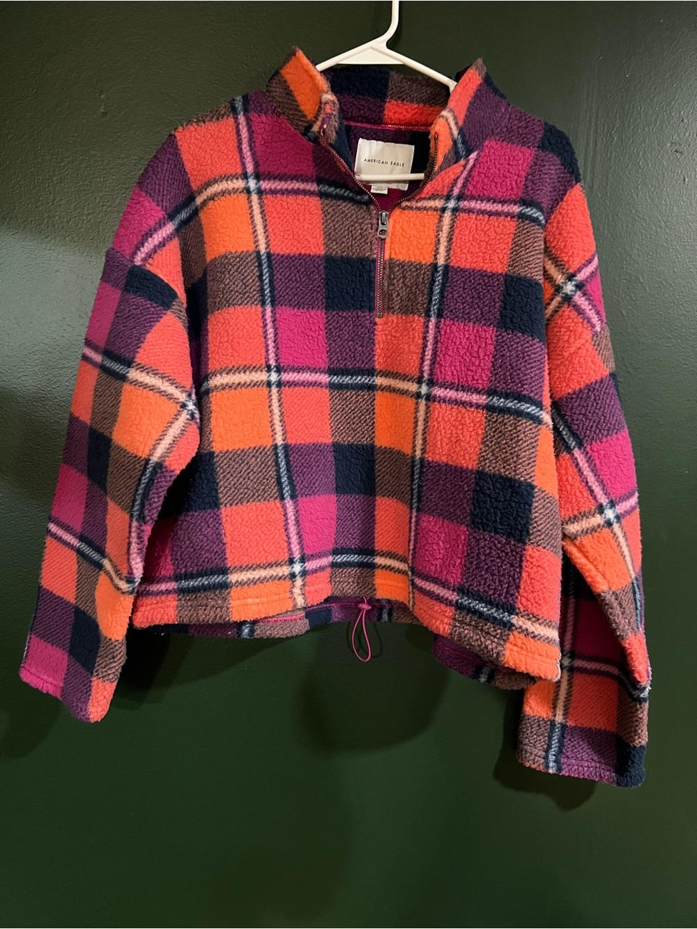American Eagle Outfitters Plaid Half-Zip Fleece Jacket - Pink, Orange & Navy